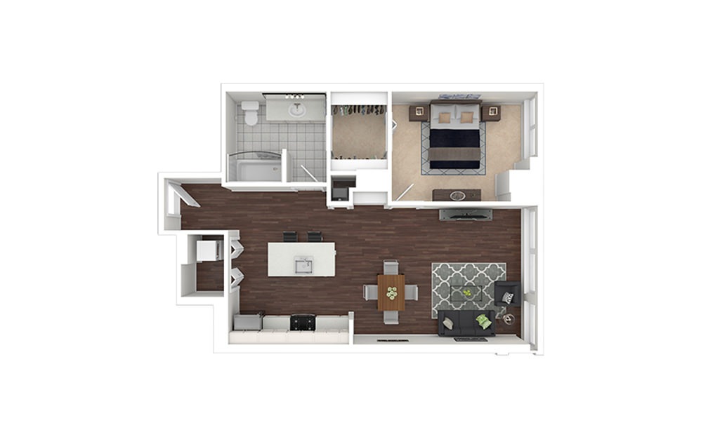 a3.1 - 1 bedroom floorplan layout with 1 bath and 726 to 763 square feet.