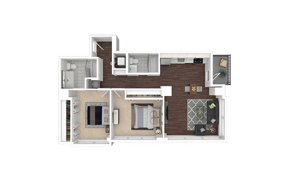 b2.2 - 2 bedroom floorplan layout with 2 baths and 980 to 1050 square feet.
