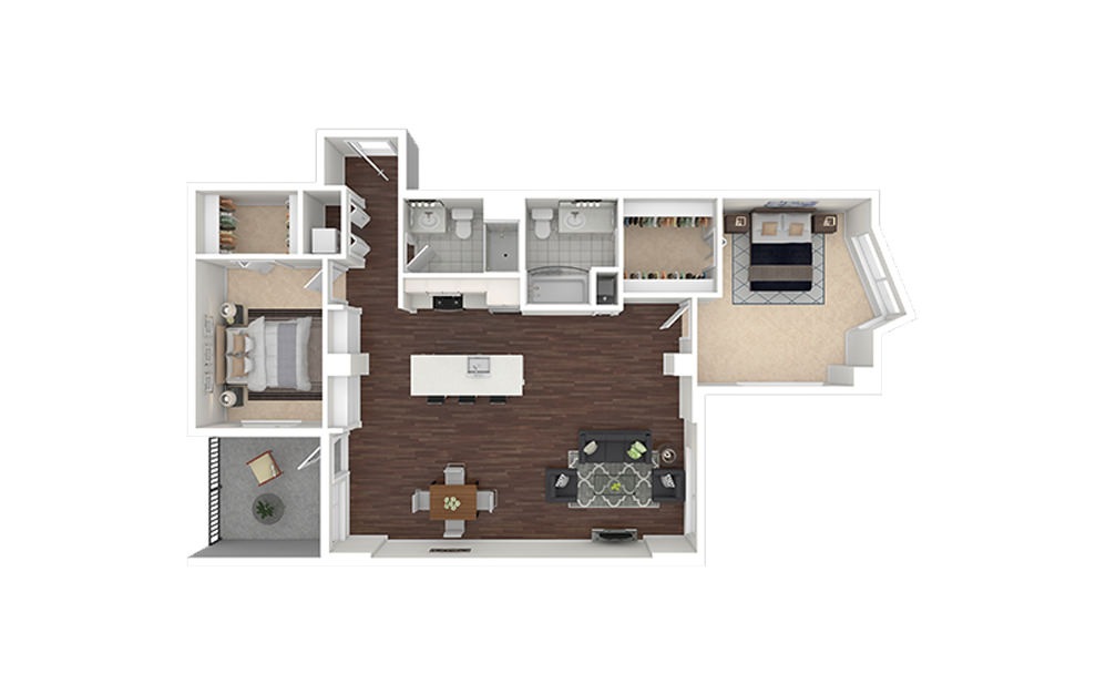b5.2 - 2 bedroom floorplan layout with 2 baths and 1227 square feet.