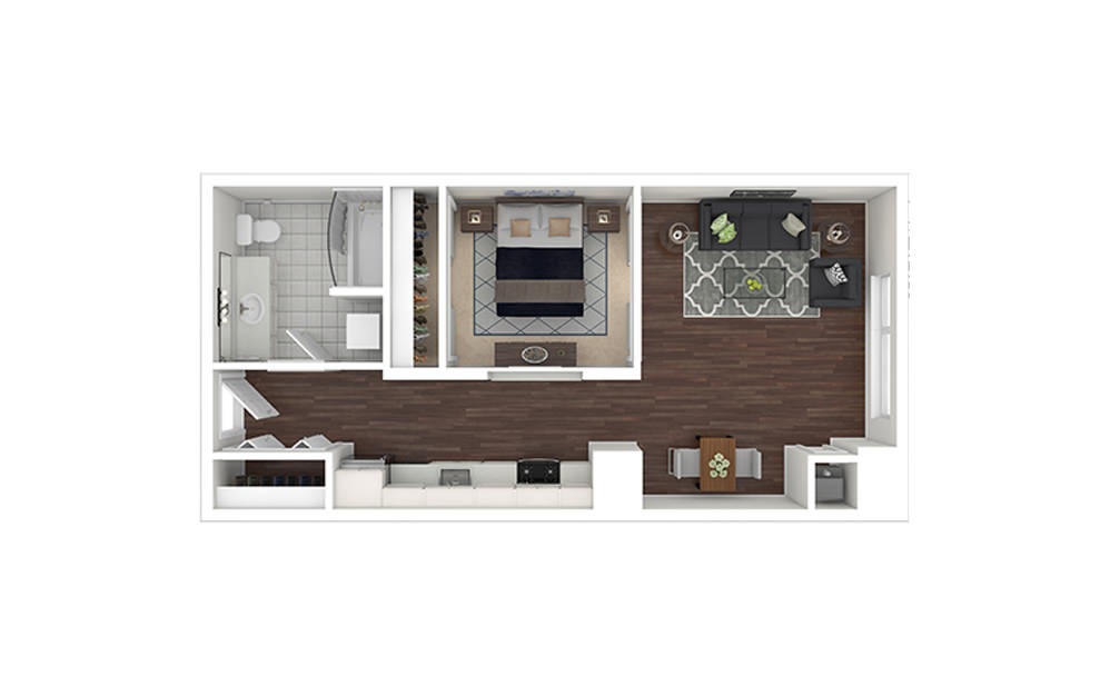 e1.1 - Studio floorplan layout with 1 bath and 596 square feet.