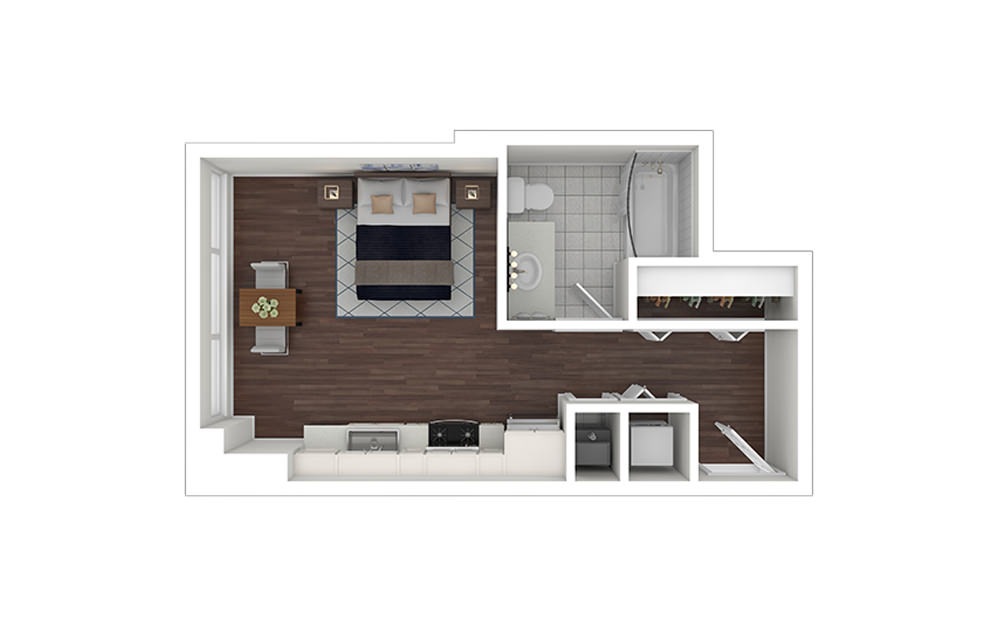 e11.1 - Studio floorplan layout with 1 bath and 404 to 517 square feet.