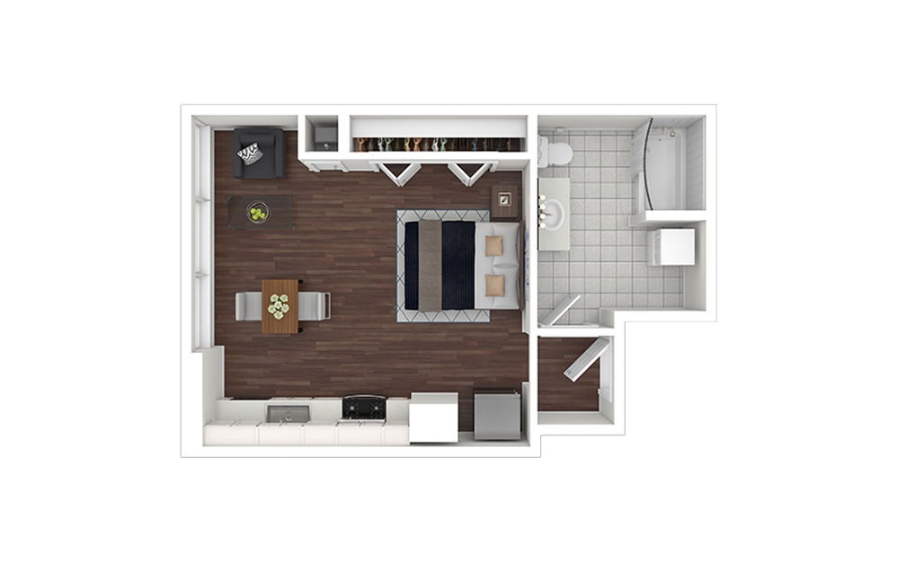 e12.1 - Studio floorplan layout with 1 bath and 484 to 575 square feet.