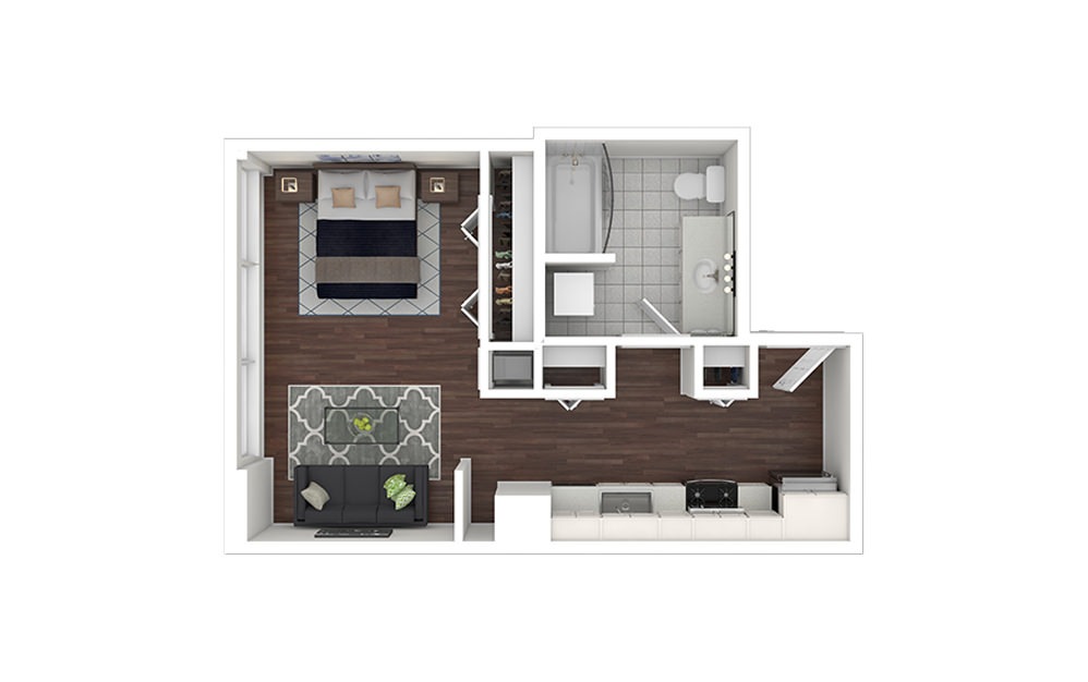 e13.1 - Studio floorplan layout with 1 bath and 477 to 568 square feet.