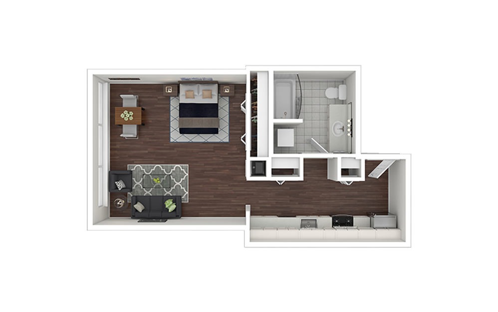 e14.1 - Studio floorplan layout with 1 bath and 544 to 657 square feet.