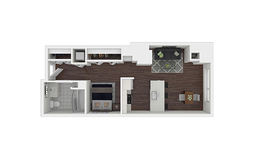 e15.1 - Studio floorplan layout with 1 bath and 527 square feet.