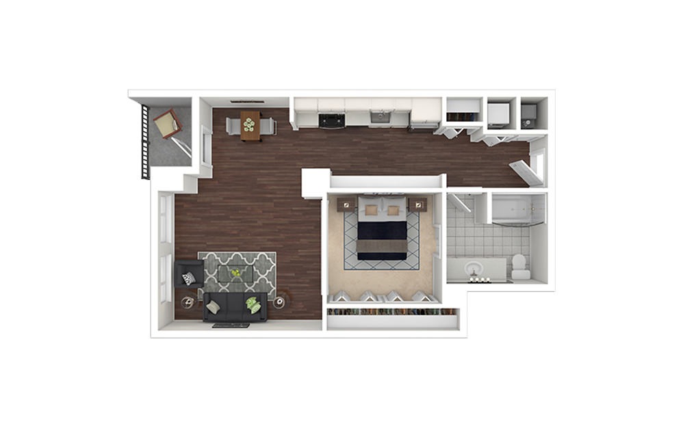 e2.1 - Studio floorplan layout with 1 bath and 696 square feet.