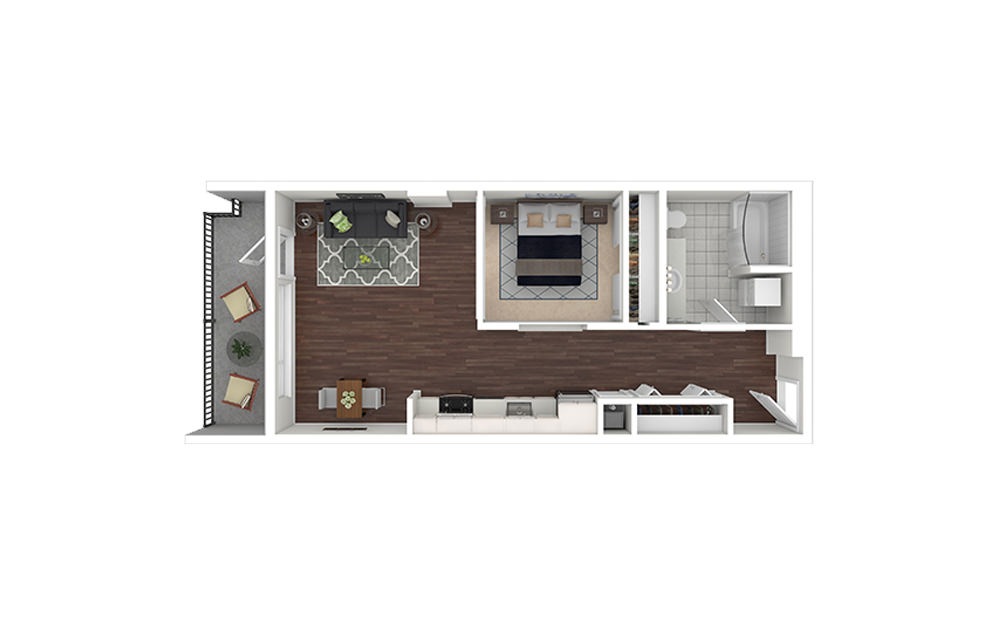 e3.1 - Studio floorplan layout with 1 bath and 629 square feet.