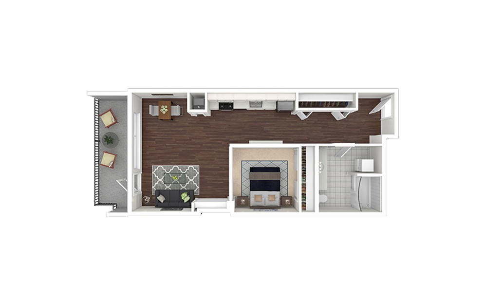 e5.1 - Studio floorplan layout with 1 bath and 632 square feet.