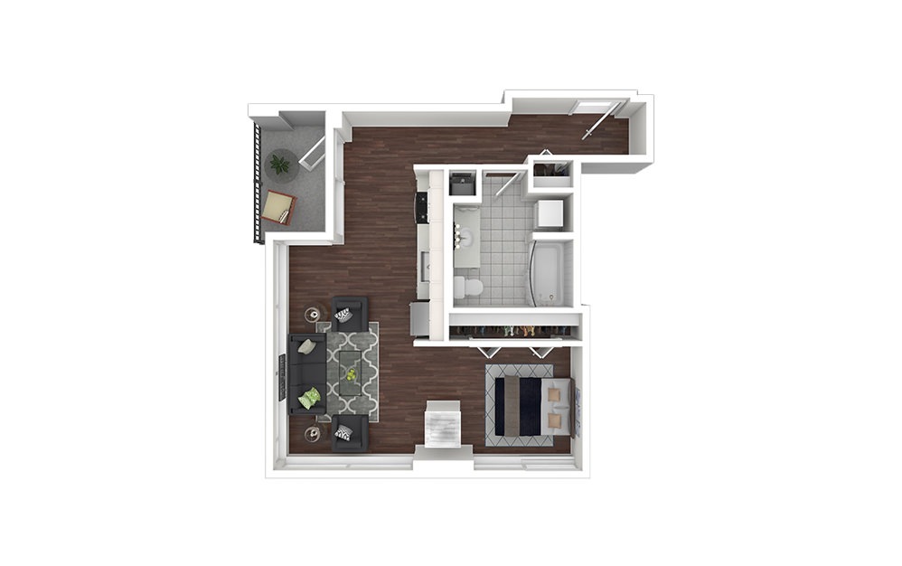 e6.1 - Studio floorplan layout with 1 bath and 619 to 682 square feet.