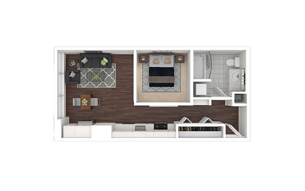 e7.1 - Studio floorplan layout with 1 bath and 543 to 658 square feet.