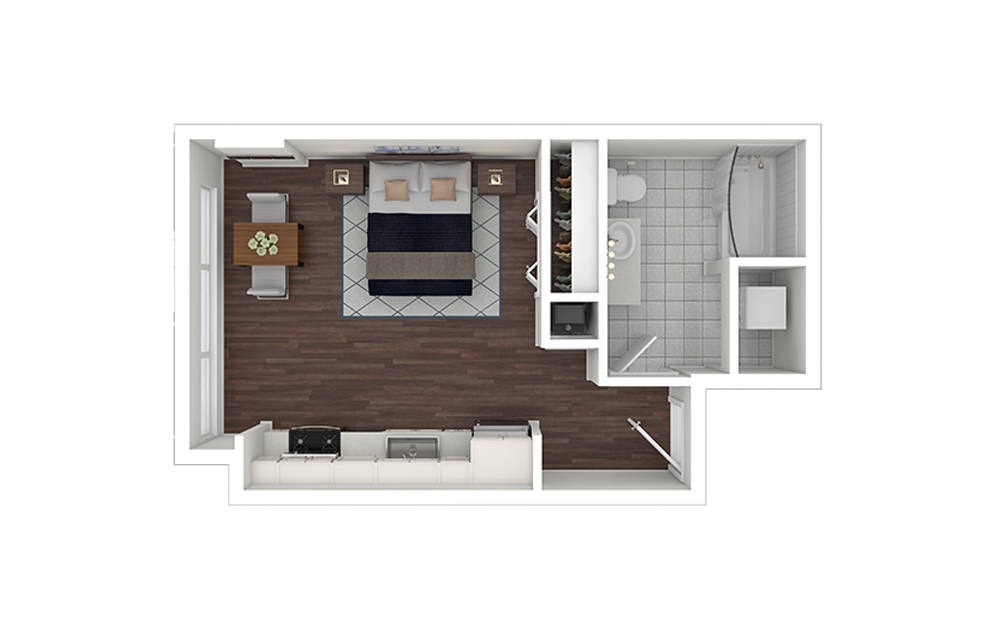 e9.1 - Studio floorplan layout with 1 bath and 425 to 516 square feet.
